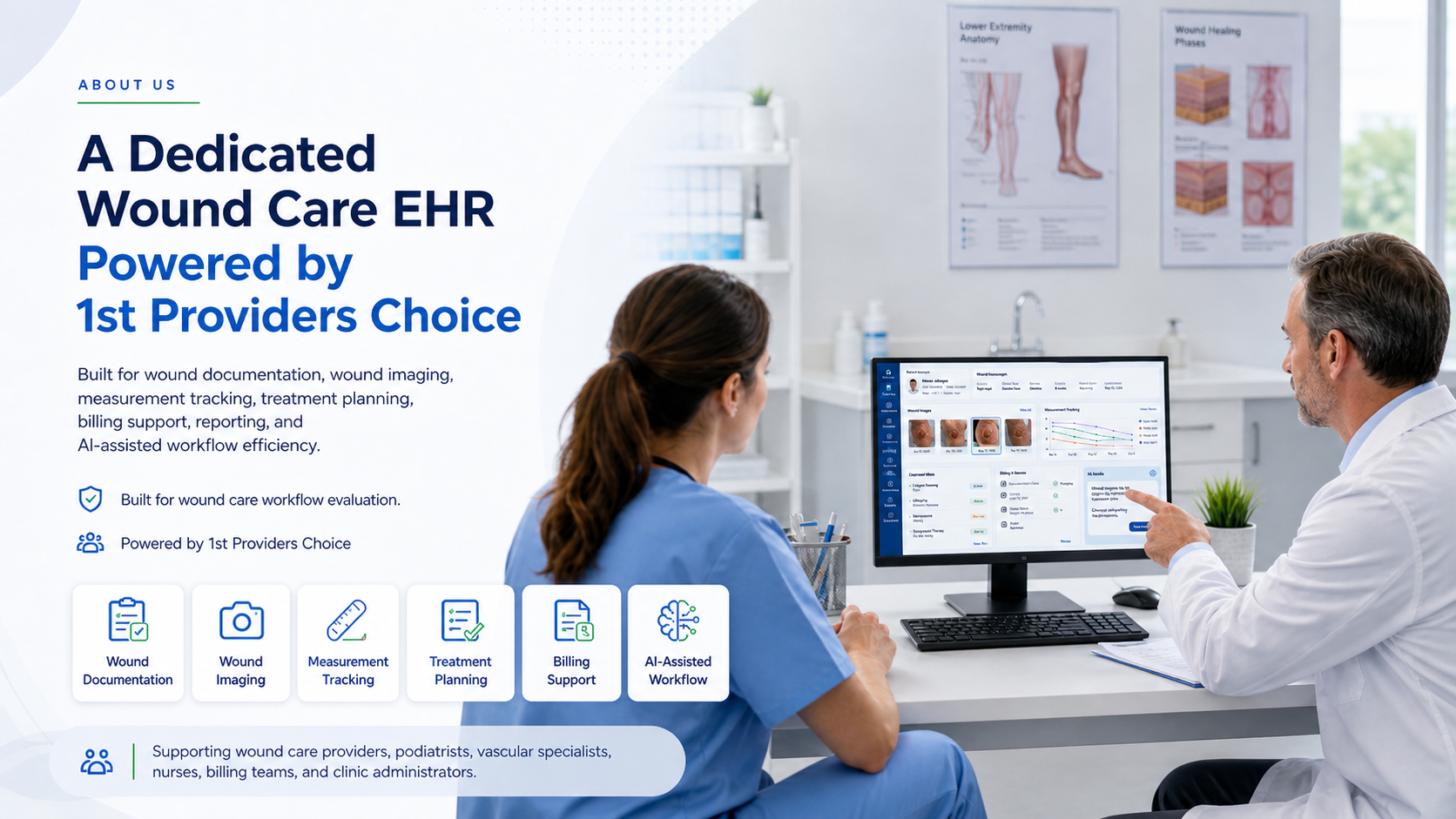 Wound Care EHR about us visual showing wound care specialists reviewing EHR workflows