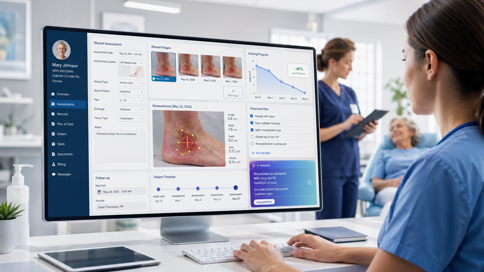 Wound care EHR software dashboard shown in a clinical setting